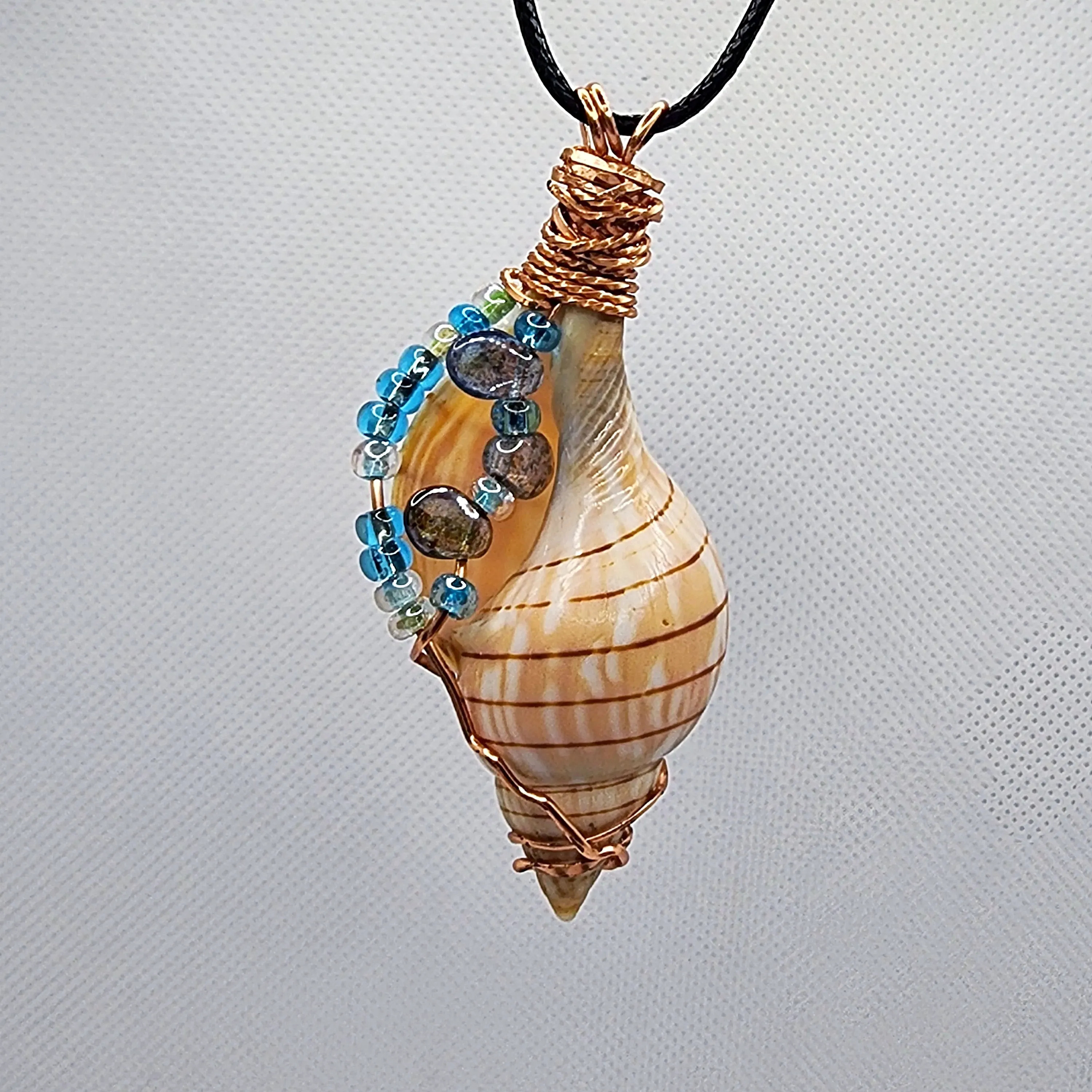 Copper Wrapped Banded Tulip Seashell  Handmade Pendant Blue-Green Color-Glass beads-Beach Boho