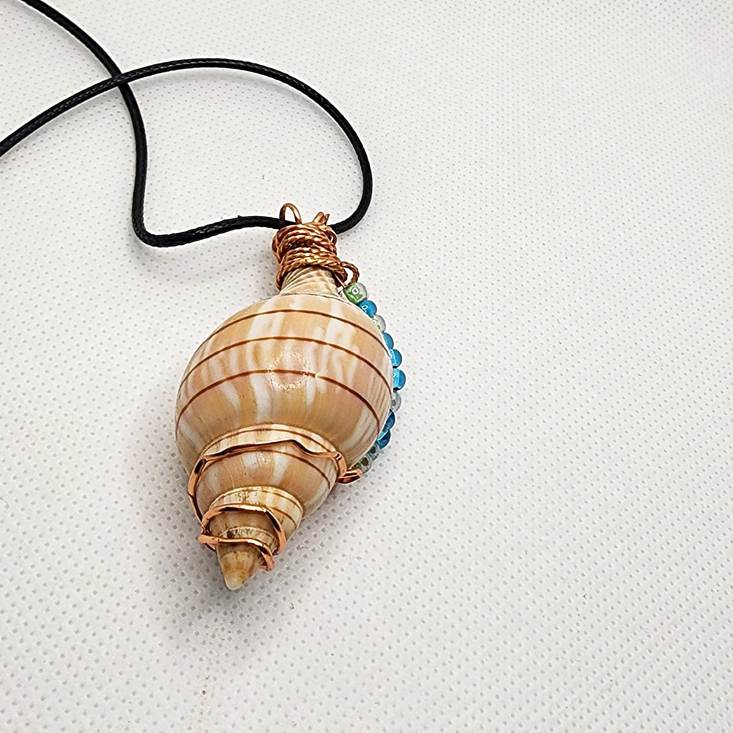 Copper Wrapped Banded Tulip Seashell  Handmade Pendant Blue-Green Color-Glass beads-Beach Boho
