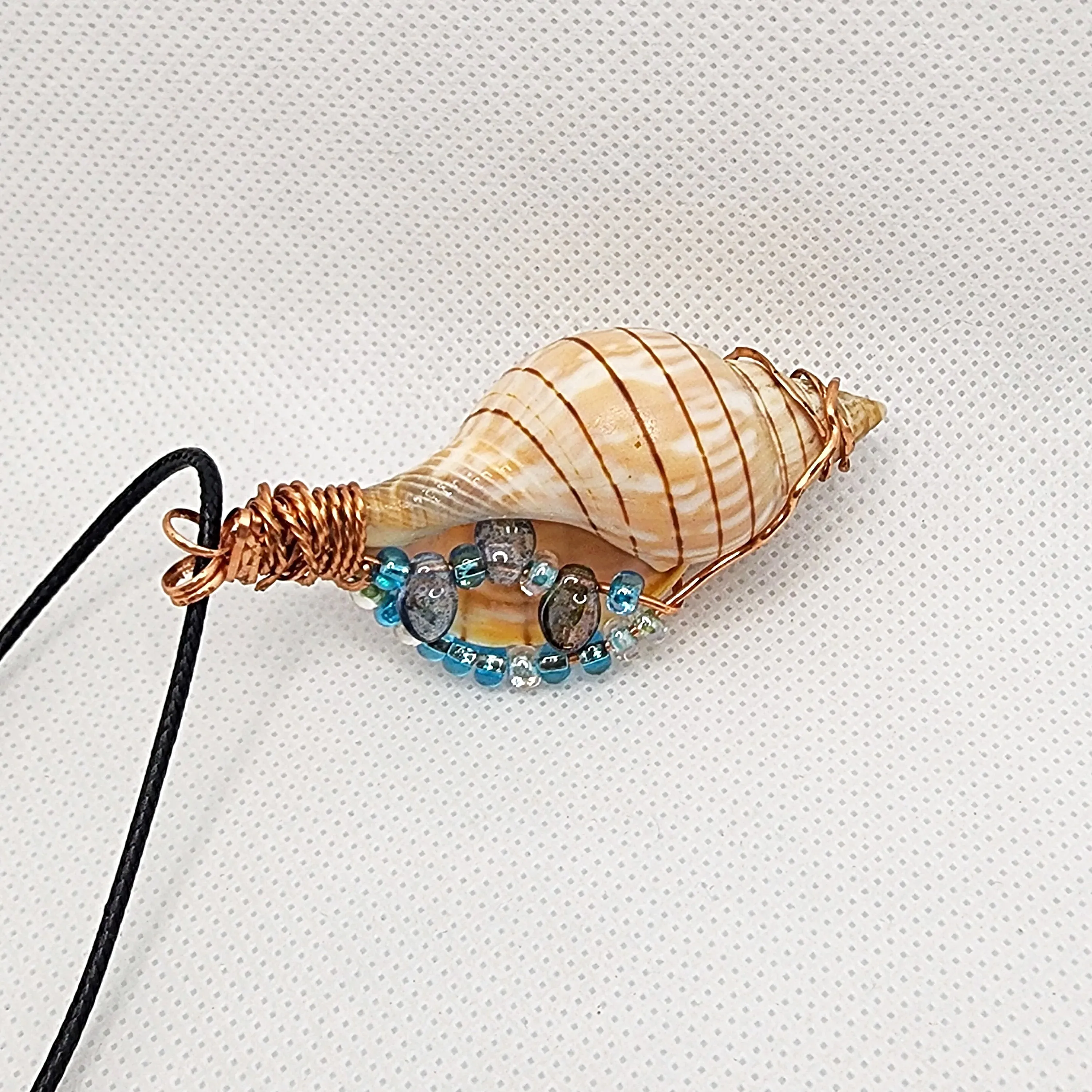 Copper Wrapped Banded Tulip Seashell  Handmade Pendant Blue-Green Color-Glass beads-Beach Boho