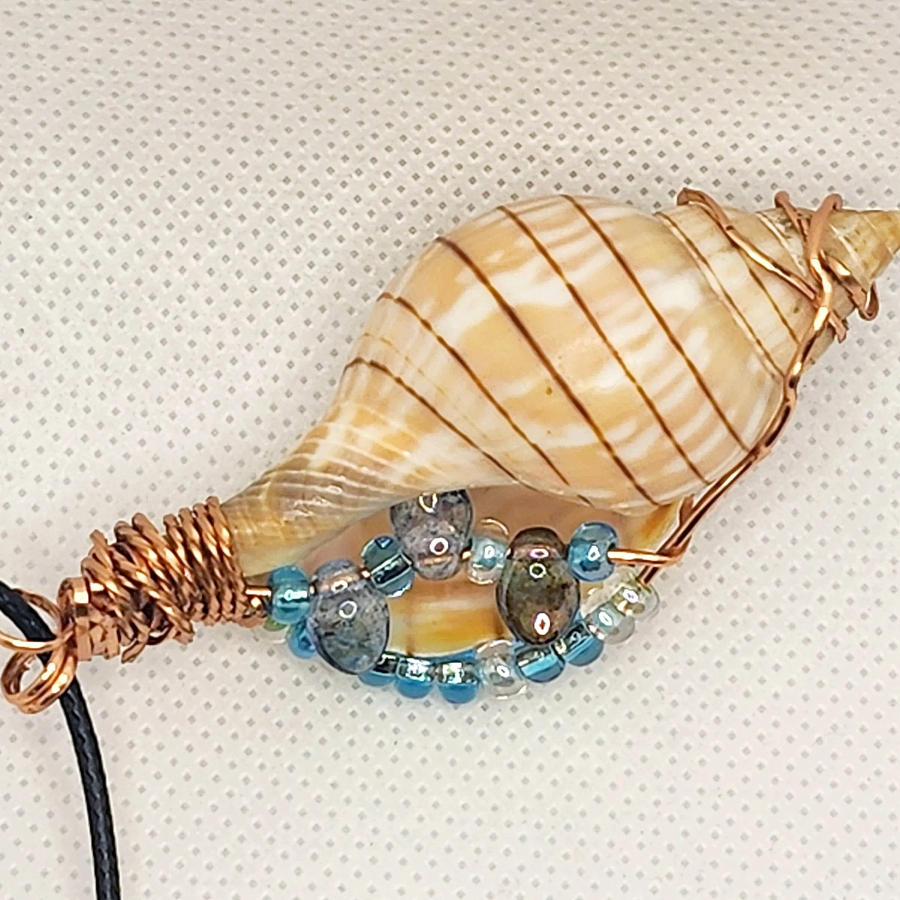 Copper Wrapped Banded Tulip Seashell  Handmade Pendant Blue-Green Color-Glass beads-Beach Boho