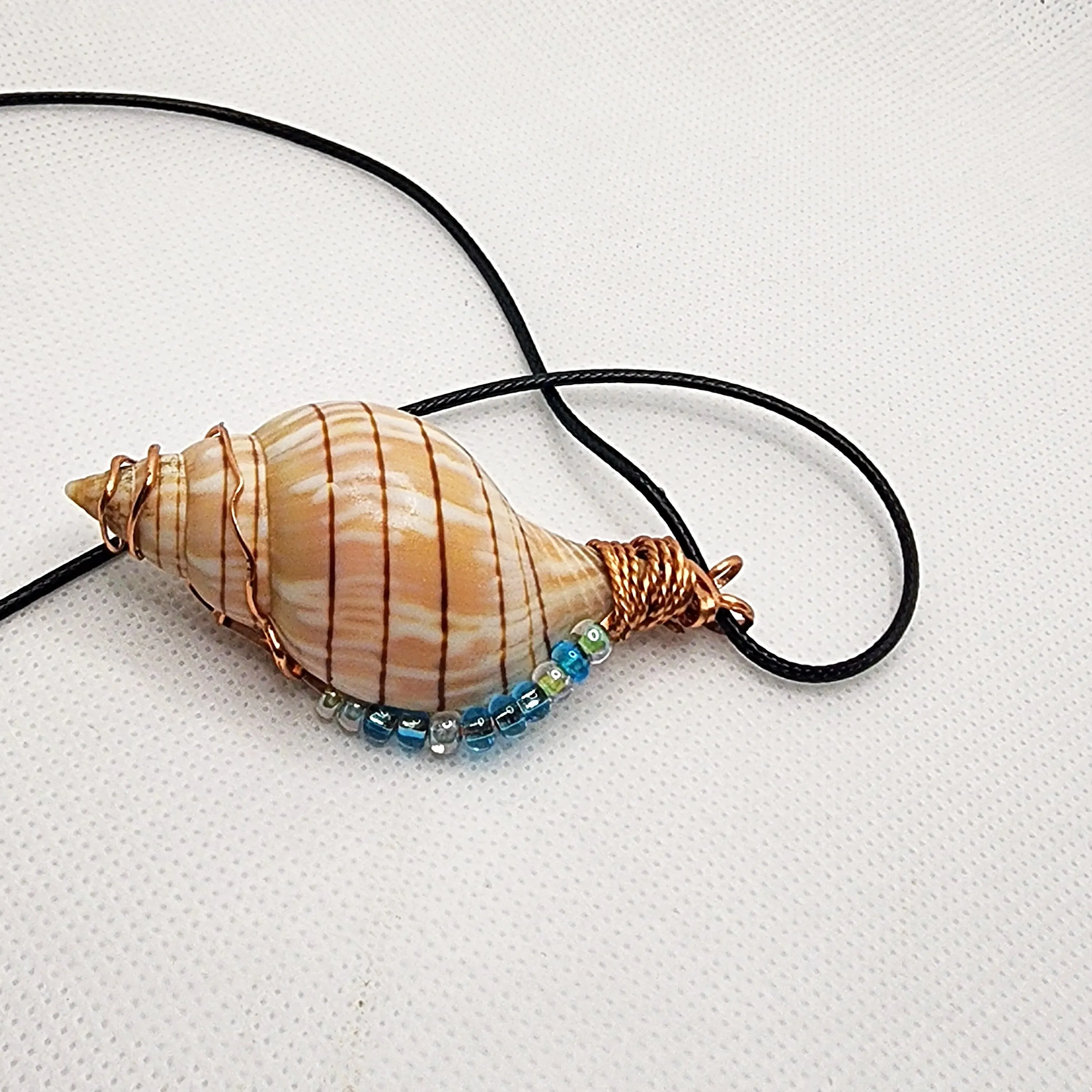 Copper Wrapped Banded Tulip Seashell  Handmade Pendant Blue-Green Color-Glass beads-Beach Boho