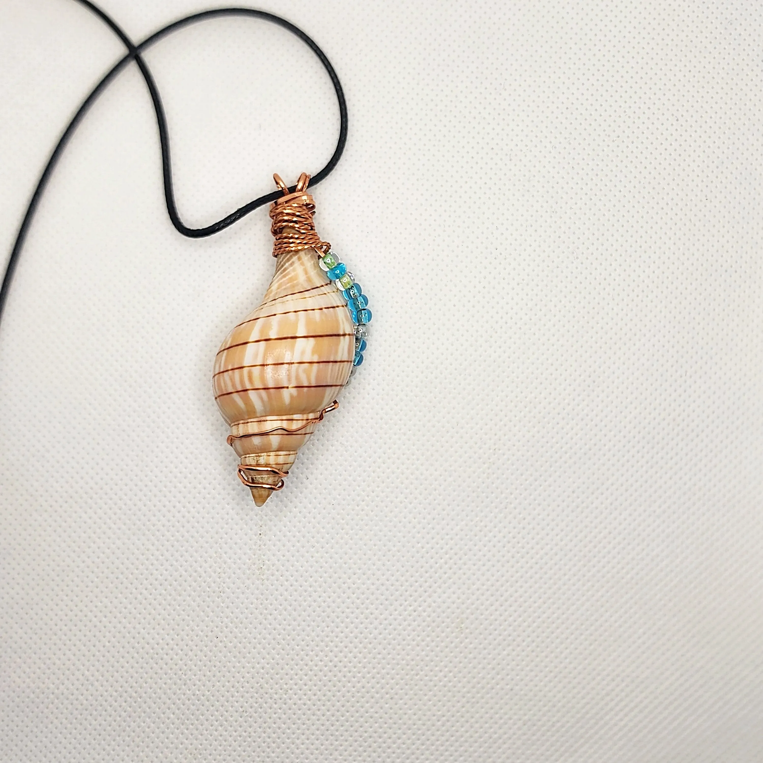 Copper Wrapped Banded Tulip Seashell  Handmade Pendant Blue-Green Color-Glass beads-Beach Boho