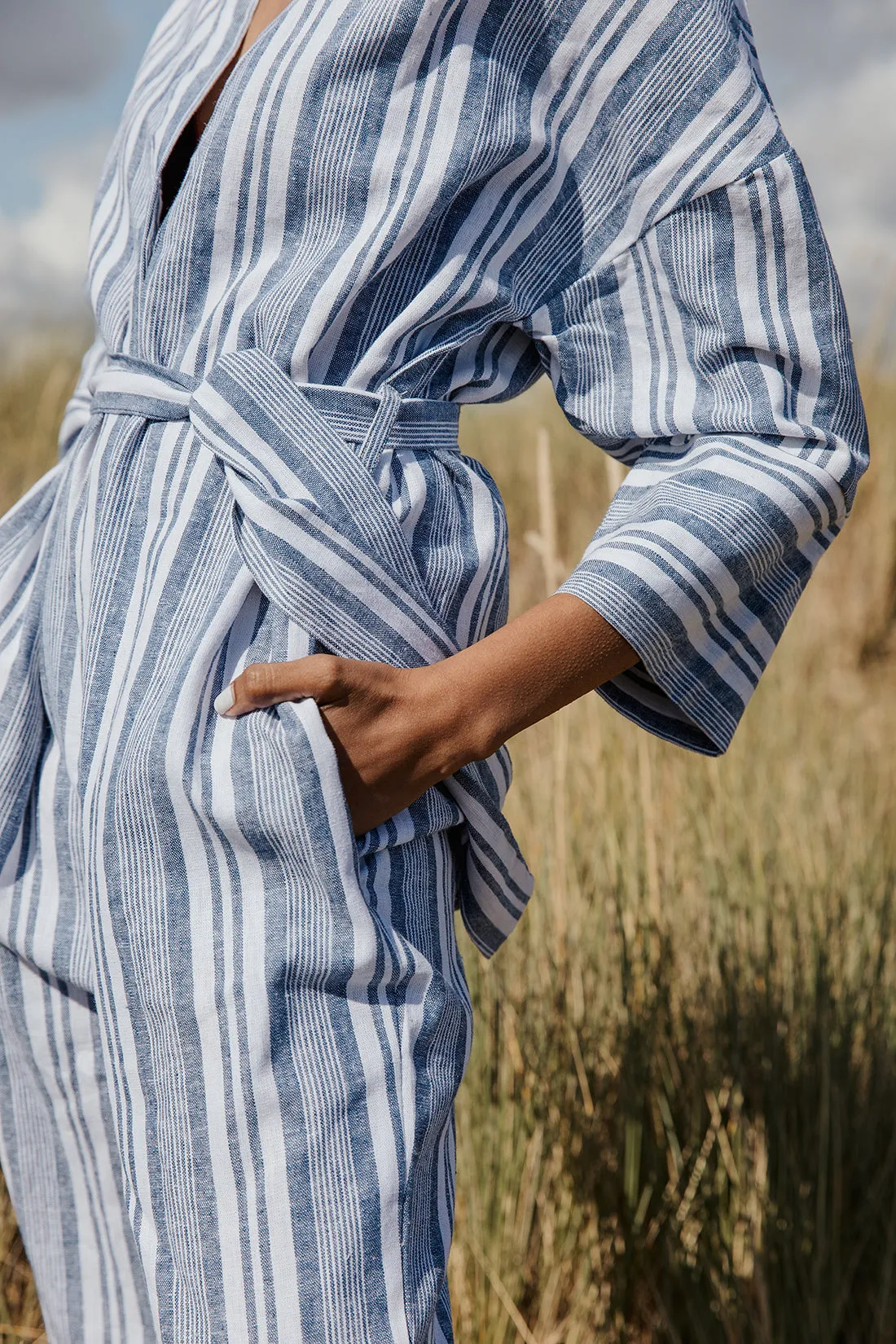 Cross Front Striped Jumpsuit With Fabric Belt