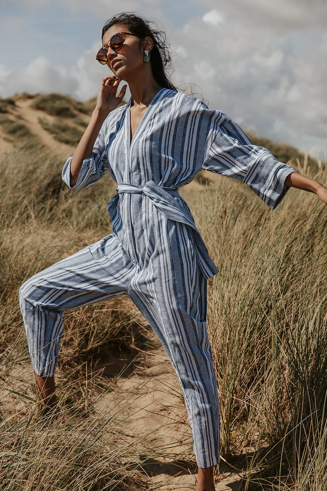 Cross Front Striped Jumpsuit With Fabric Belt