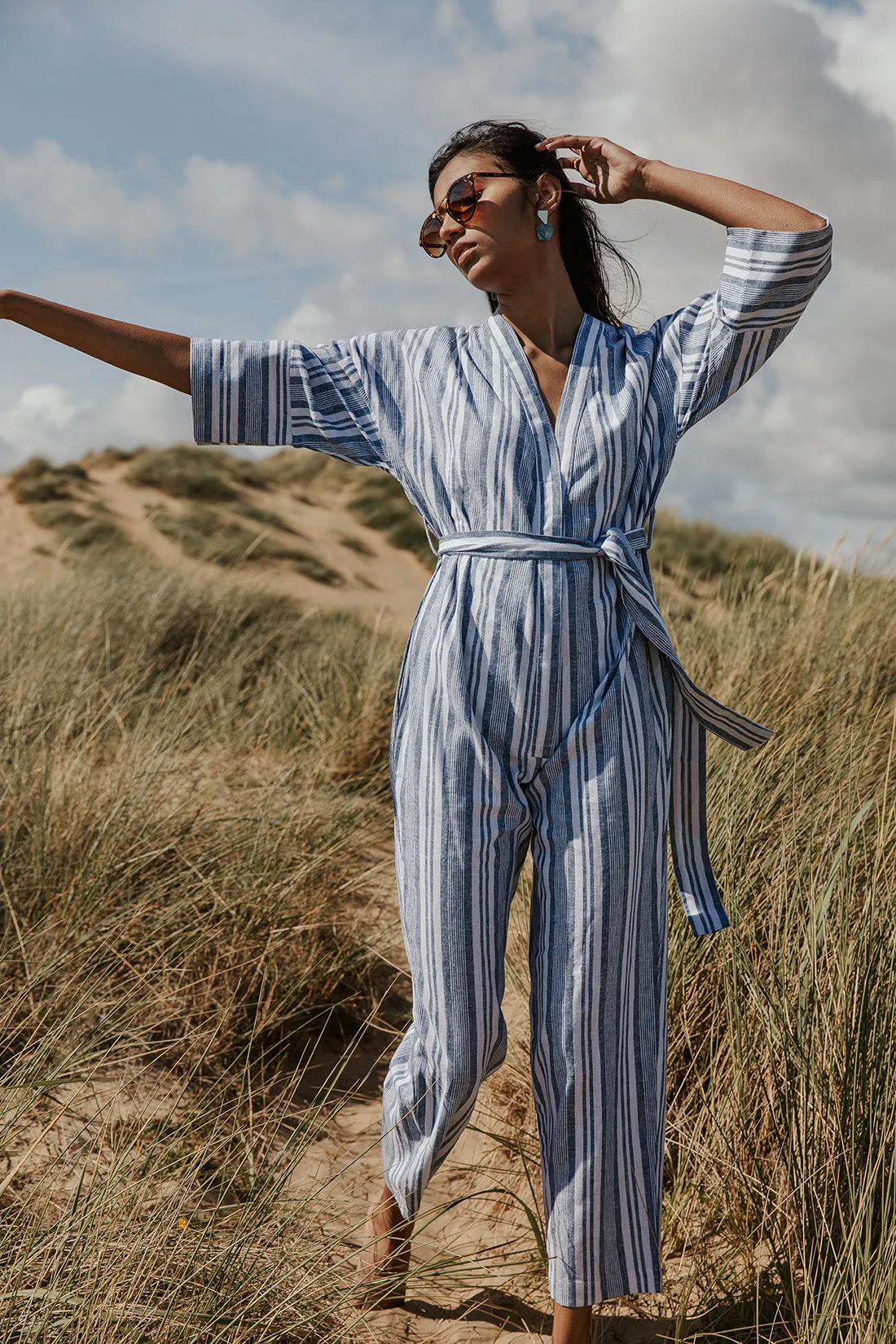 Cross Front Striped Jumpsuit With Fabric Belt