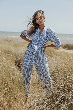 Cross Front Striped Jumpsuit With Fabric Belt