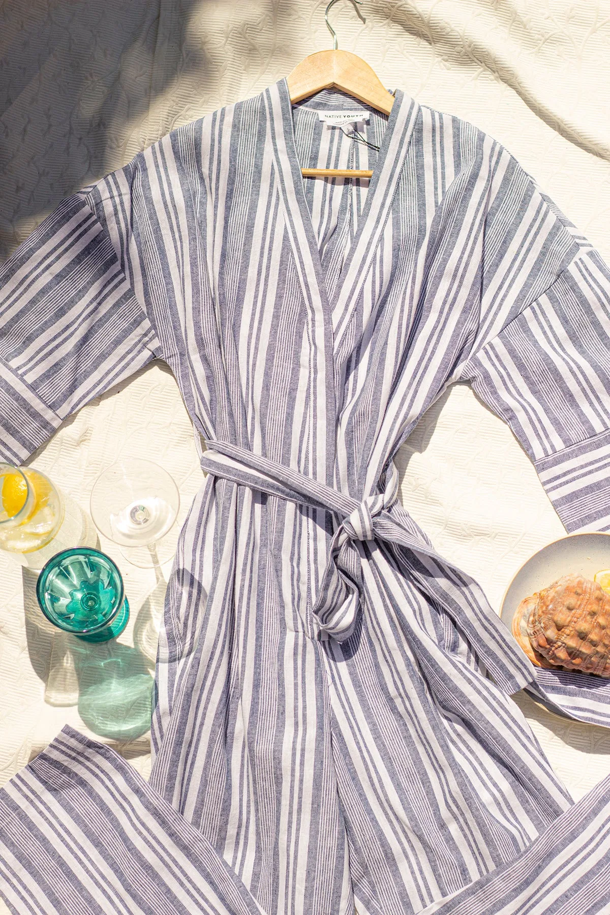 Cross Front Striped Jumpsuit With Fabric Belt