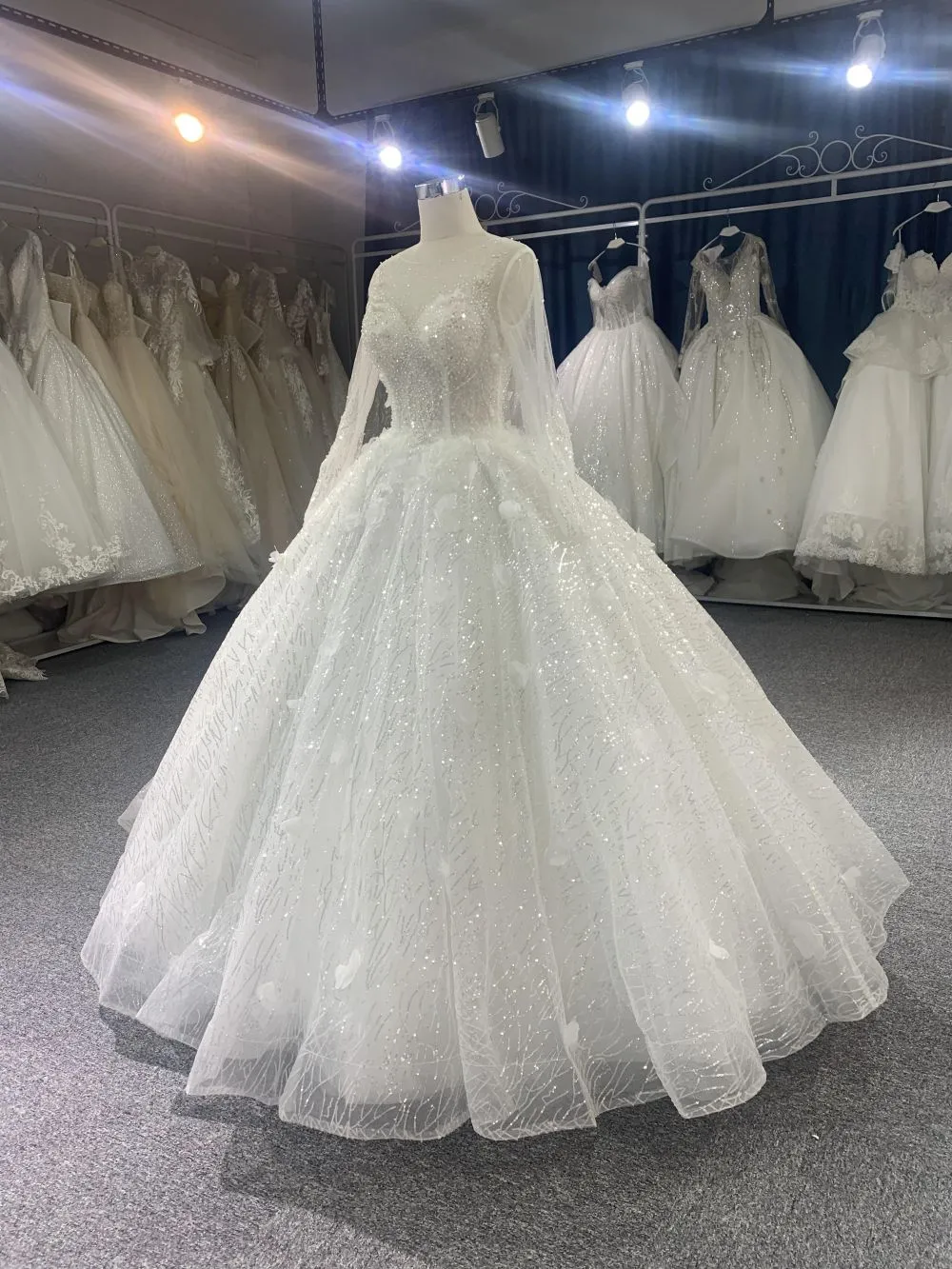 #CY1666 3D Long Sleeve Glitter Wedding Dress With Sequin Fabric