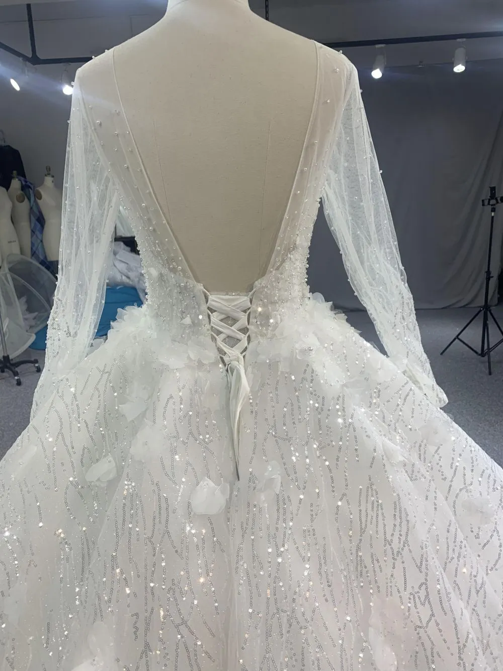 #CY1666 3D Long Sleeve Glitter Wedding Dress With Sequin Fabric