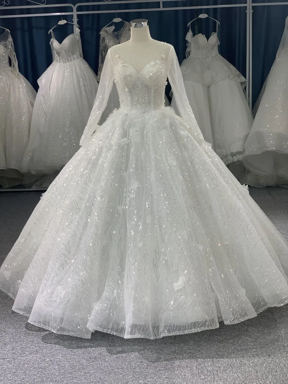 #CY1666 3D Long Sleeve Glitter Wedding Dress With Sequin Fabric