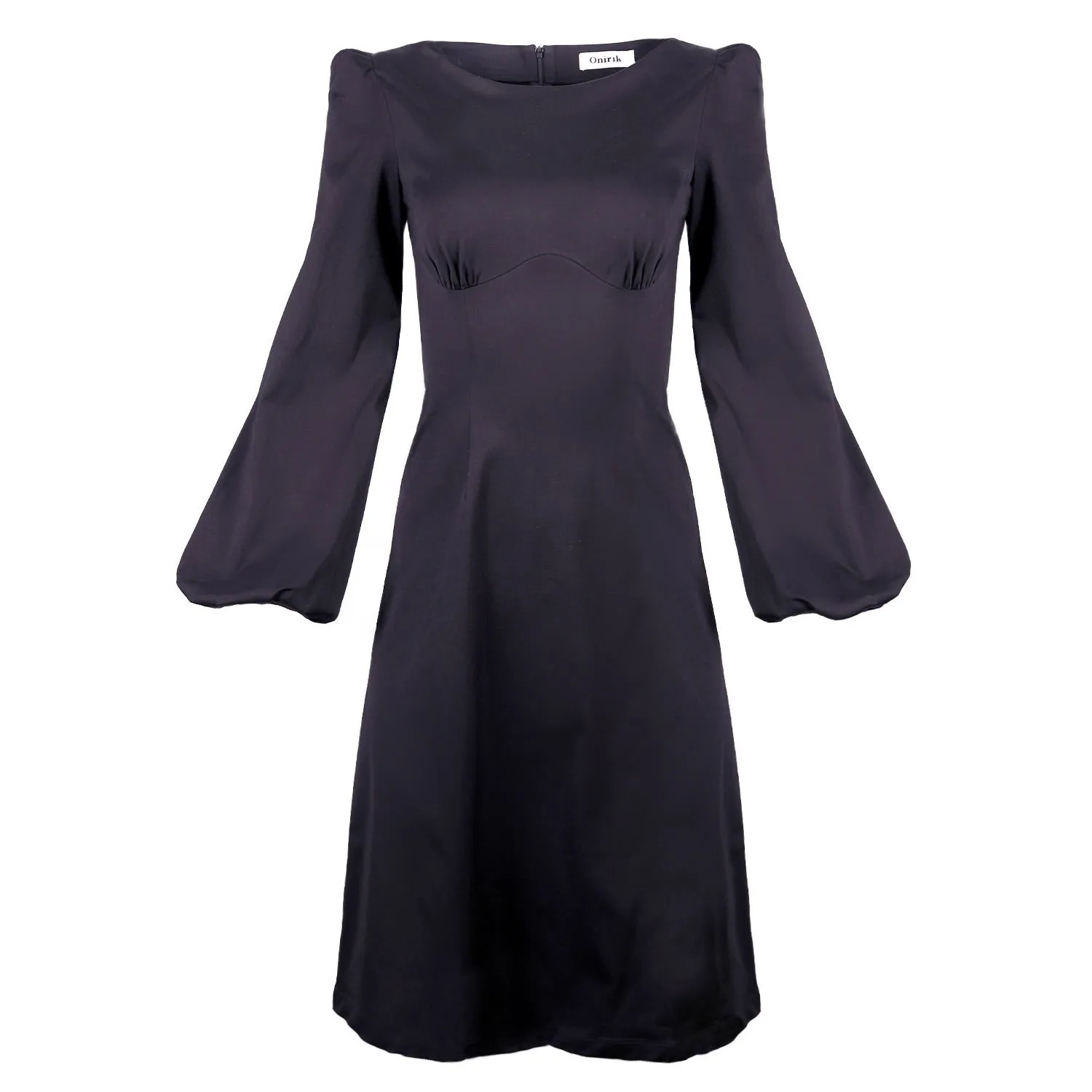 Daphne Midi Dress with Bust Seam Detail and Blouson Sleeves / Black Cotton
