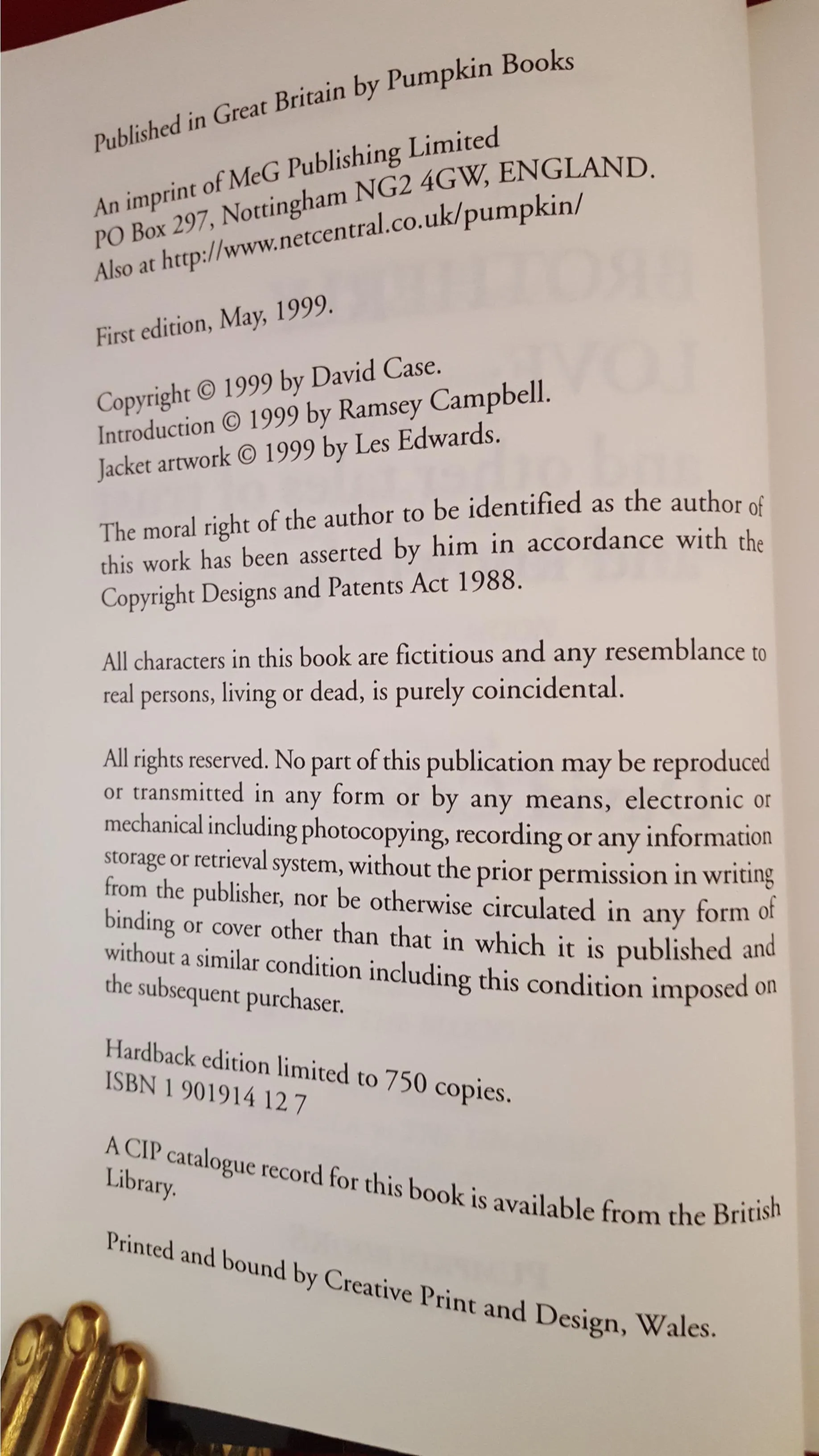 David Case - Brotherly Love, Pumpkin Books, 1999, 1st Edition, Limited