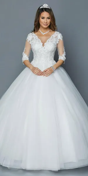 DeKlaire Bridal 401 Quarter Sleeves Wedding Ball Gown V-Neck