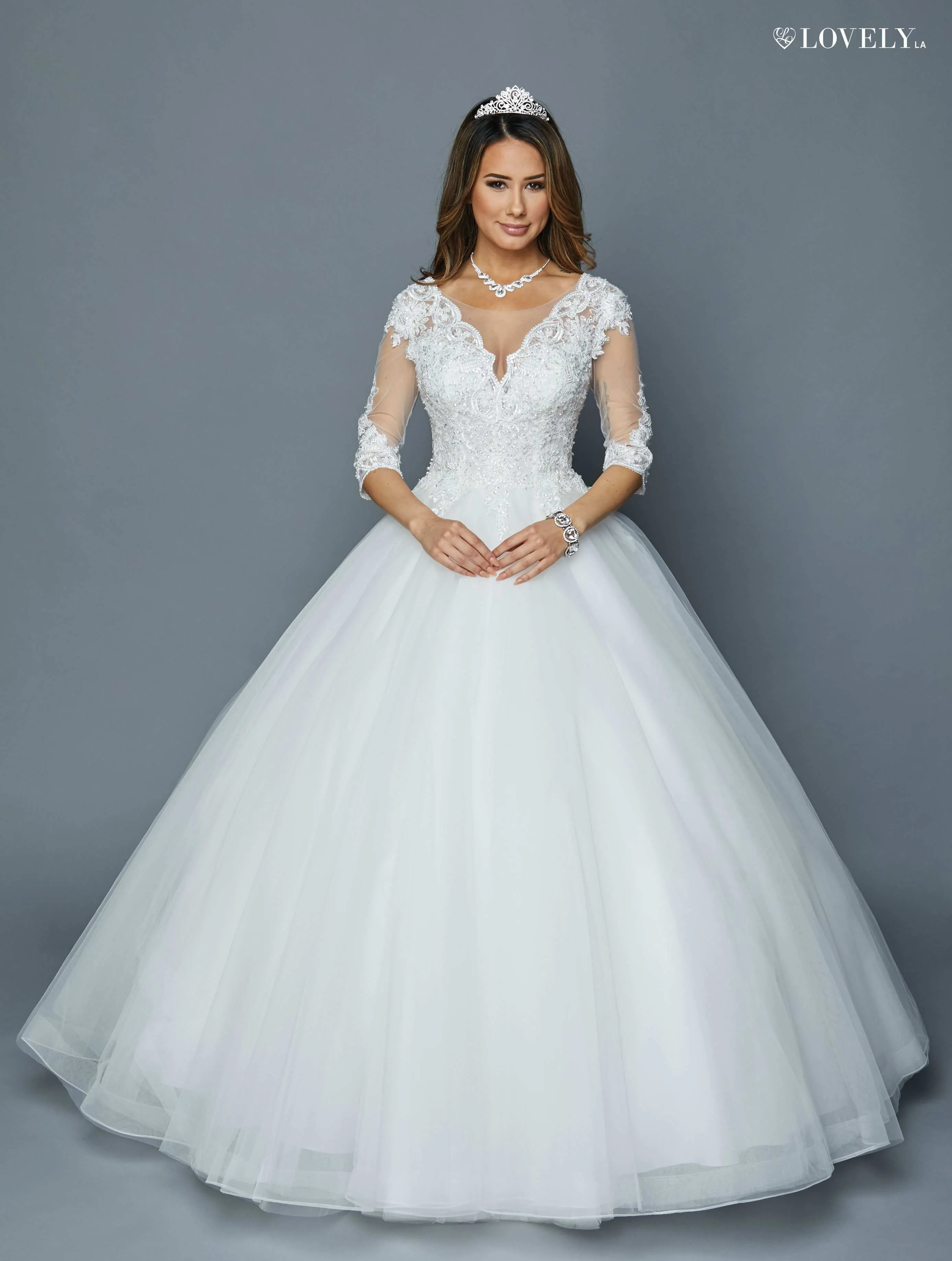 DeKlaire Bridal 401 Quarter Sleeves Wedding Ball Gown V-Neck