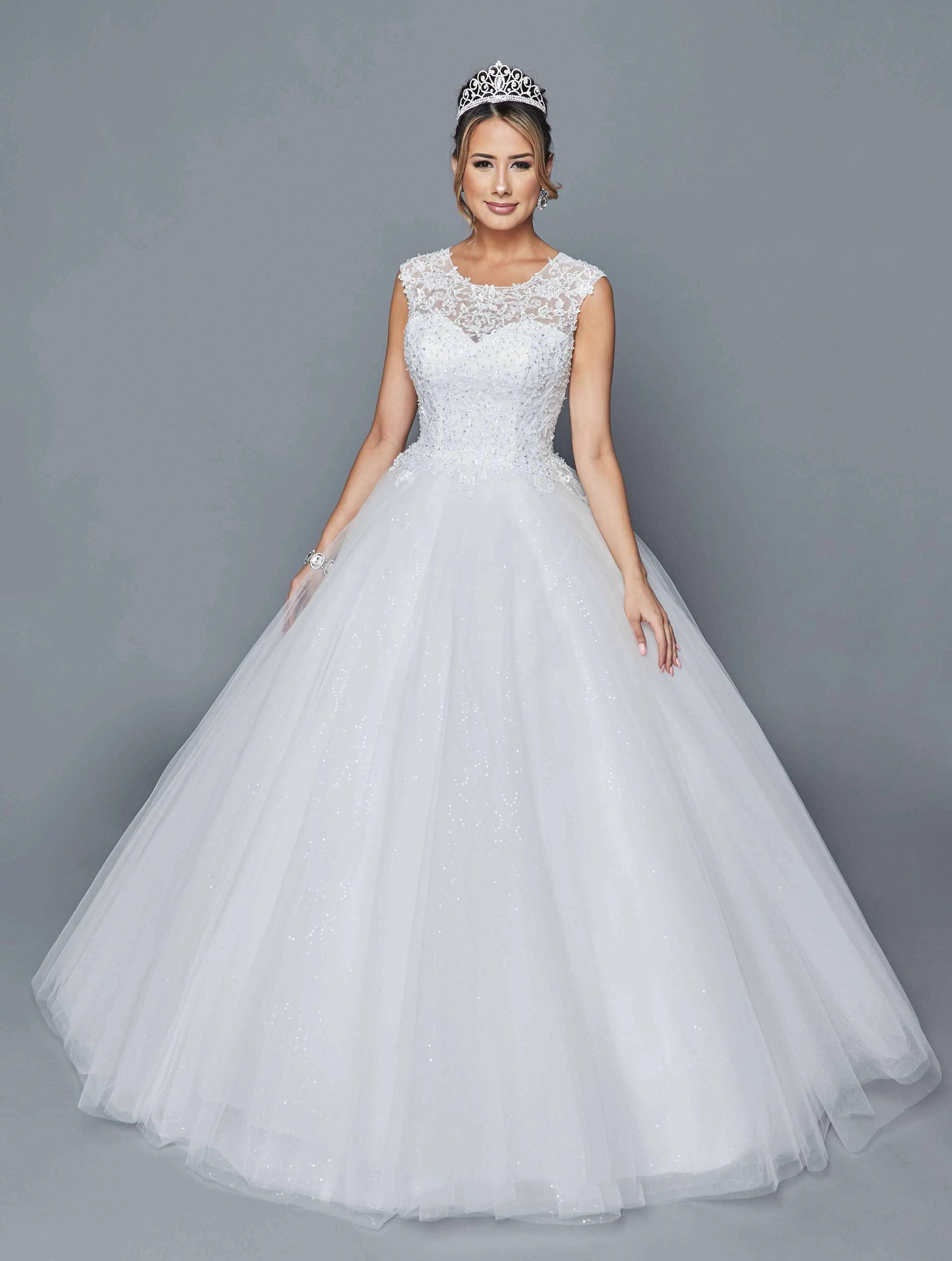 DeKlaire Bridal 413 Scoop Neck Cap Sleeve A-Line Wedding Dress Beading Sequins Applique