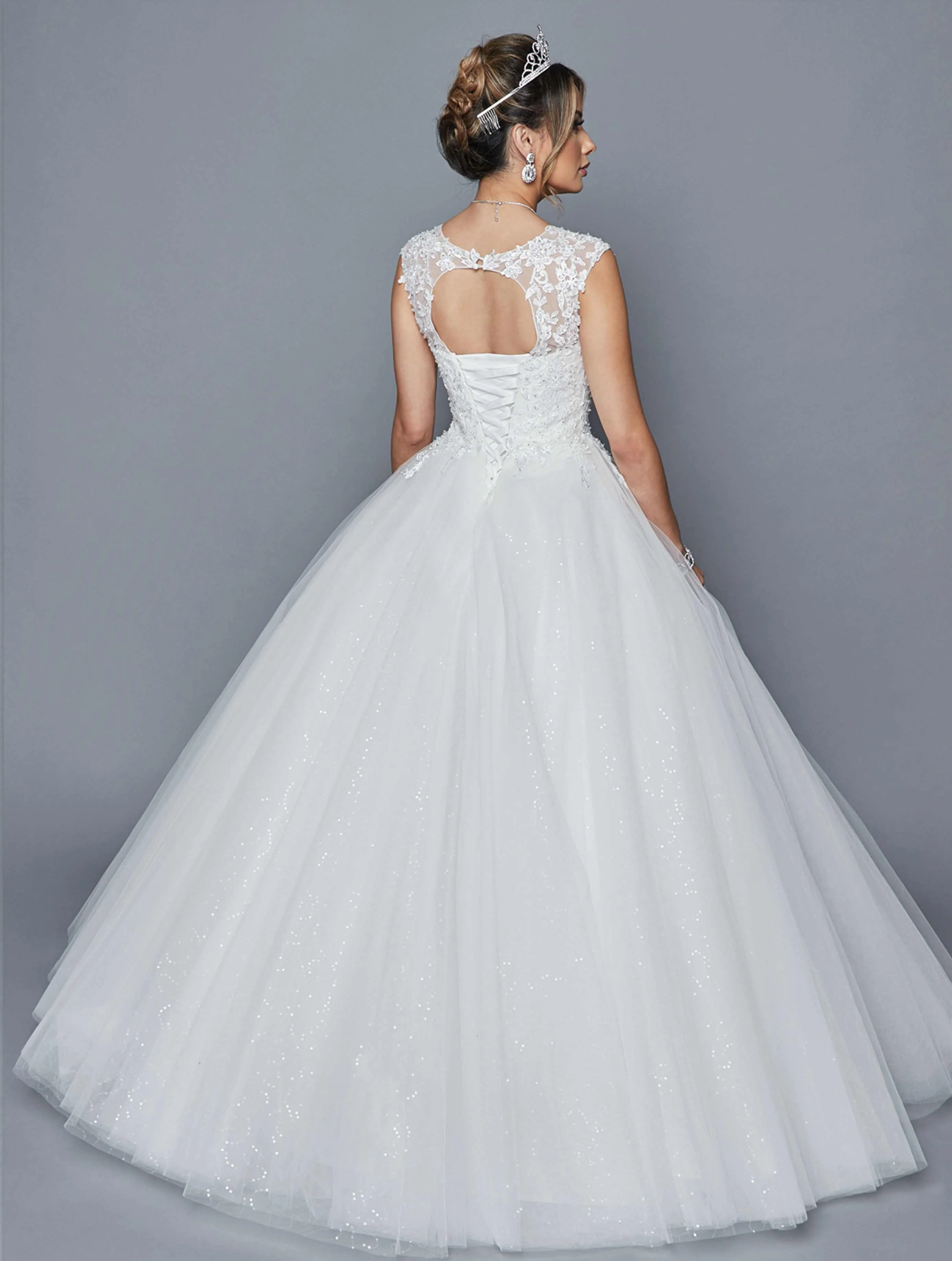 DeKlaire Bridal 413 Scoop Neck Cap Sleeve A-Line Wedding Dress Beading Sequins Applique