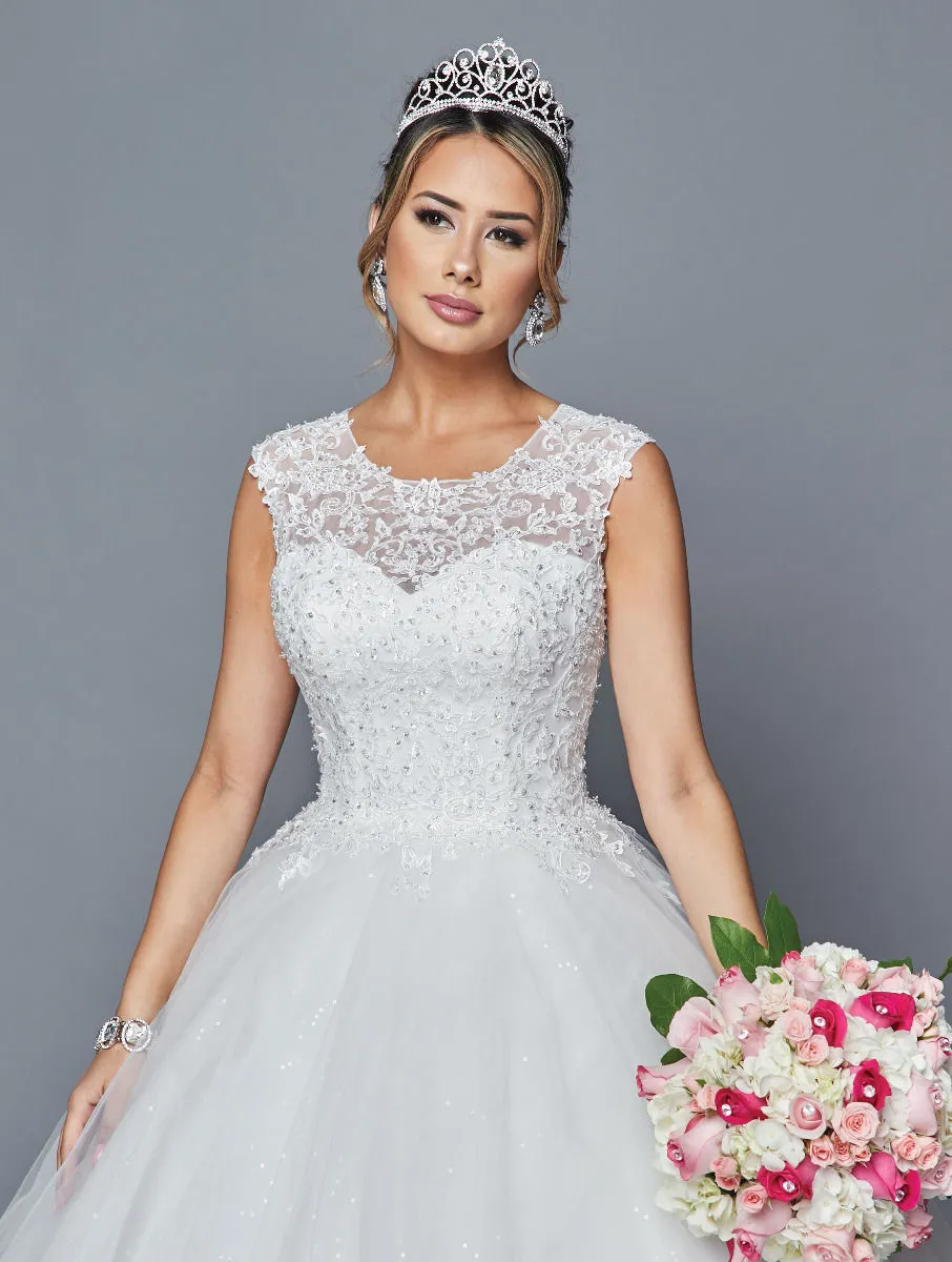 DeKlaire Bridal 413 Scoop Neck Cap Sleeve A-Line Wedding Dress Beading Sequins Applique