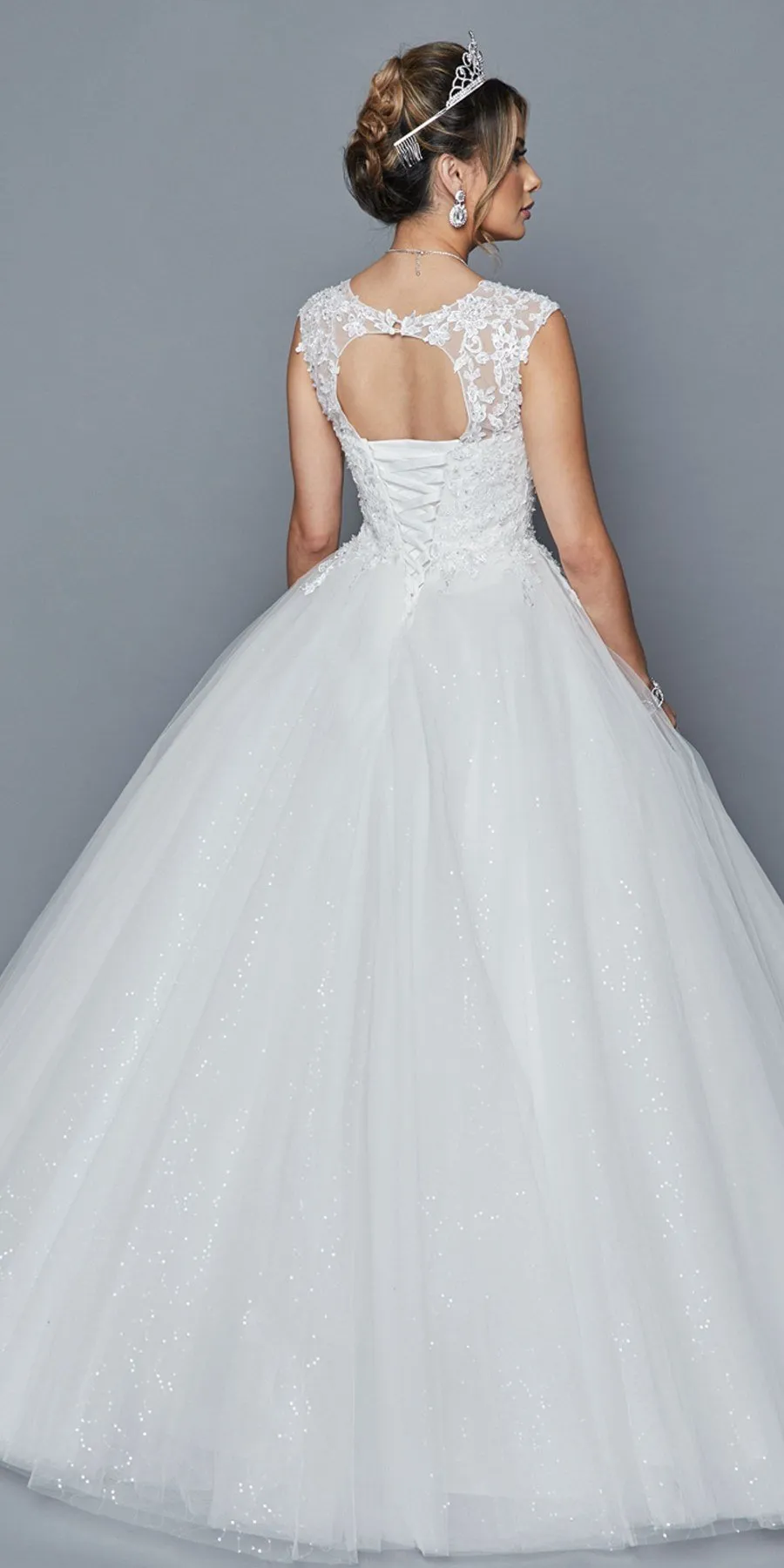 DeKlaire Bridal 413 Scoop Neck Cap Sleeve A-Line Wedding Dress Beading Sequins Applique