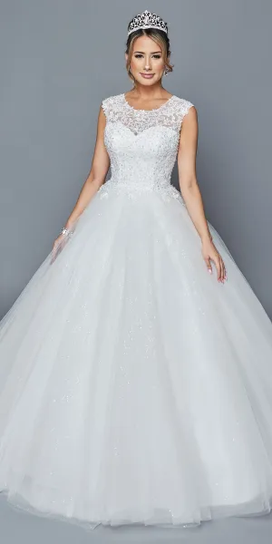 DeKlaire Bridal 413 Scoop Neck Cap Sleeve A-Line Wedding Dress Beading Sequins Applique