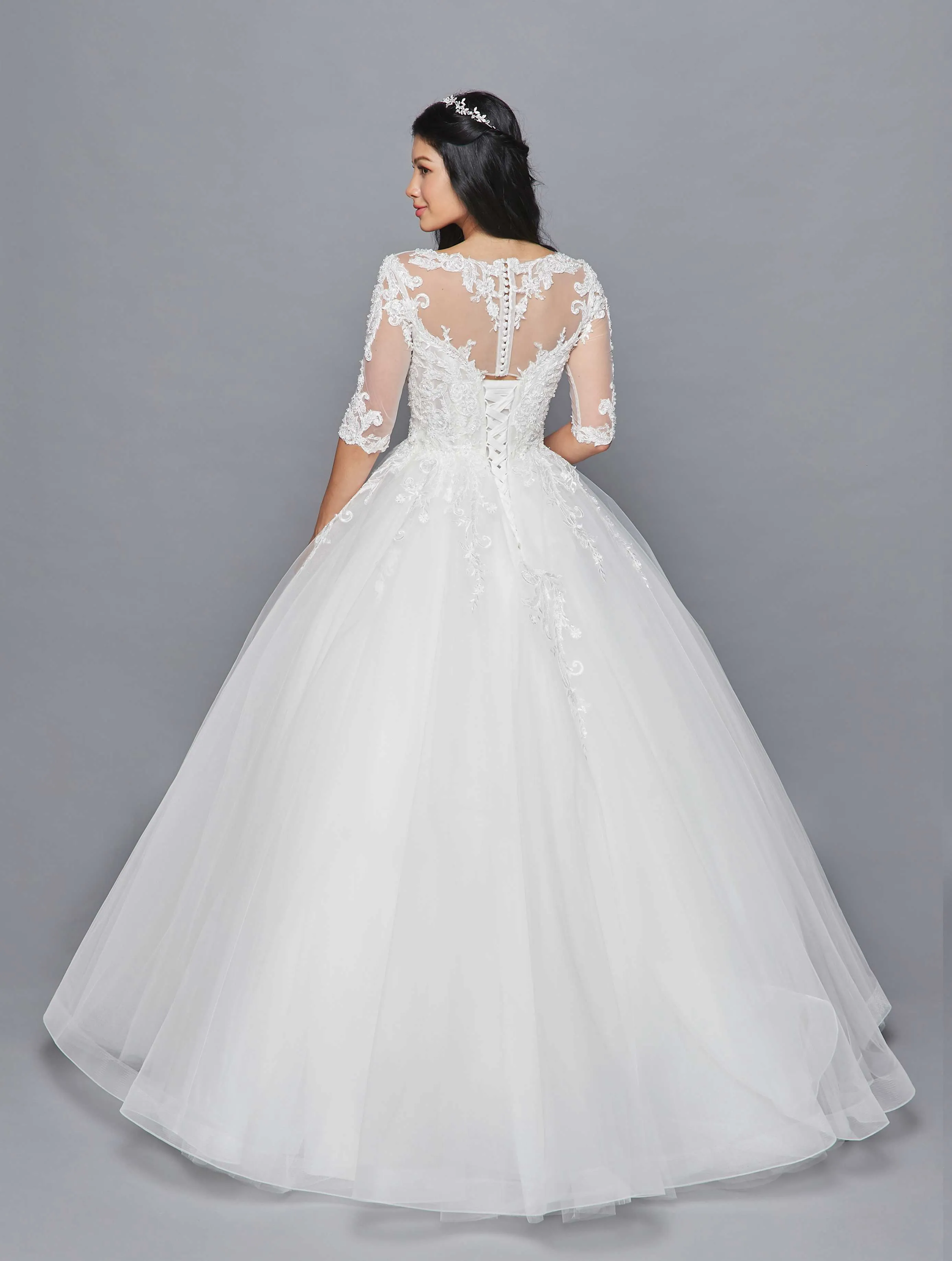 DeKlaire Bridal 421 Mid-Length Sleeve A-Line Wedding Gown Illusion Boat Neckline Beaded Lace