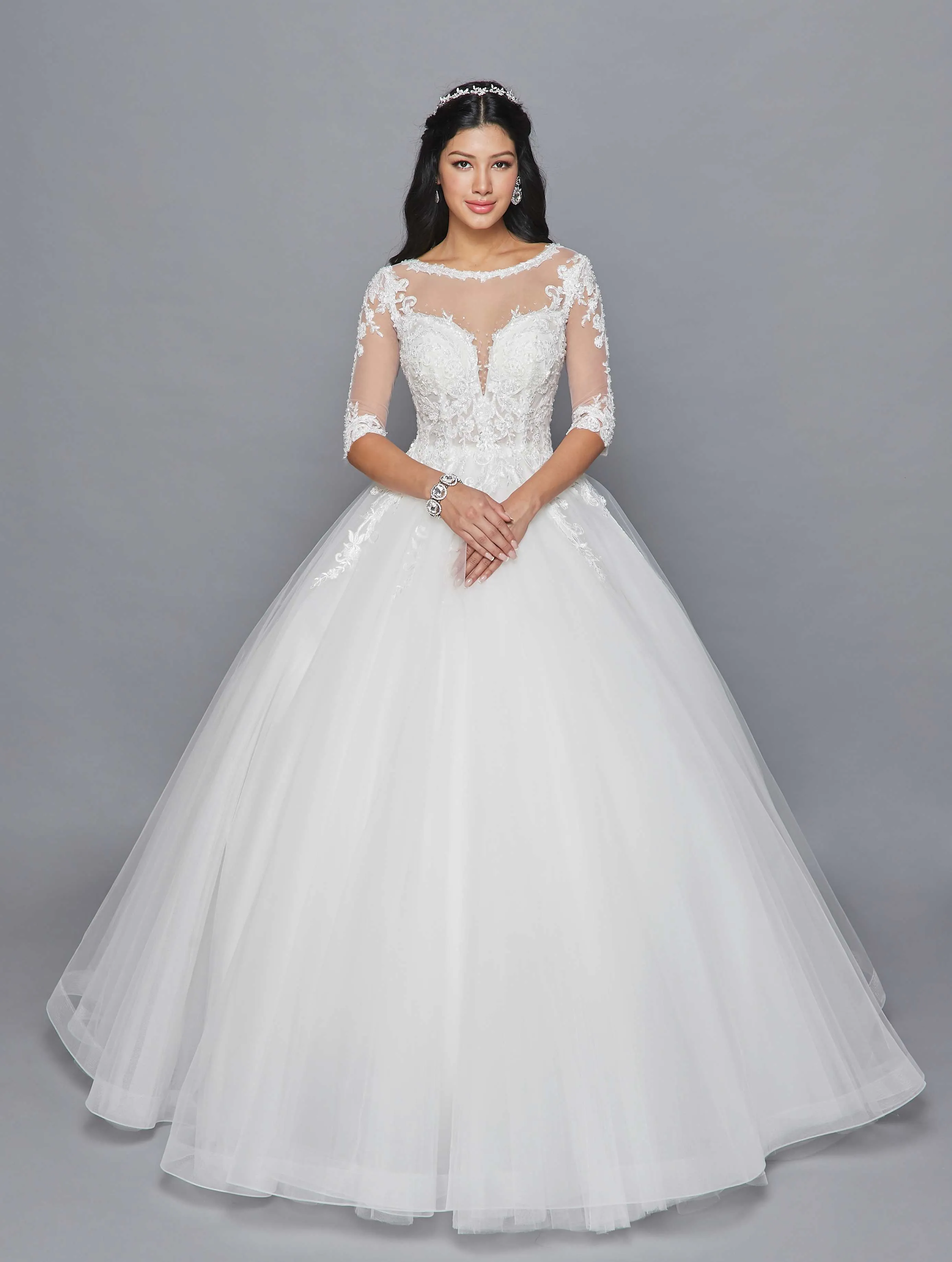 DeKlaire Bridal 421 Mid-Length Sleeve A-Line Wedding Gown Illusion Boat Neckline Beaded Lace