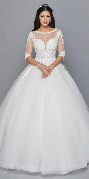 DeKlaire Bridal 421 Mid-Length Sleeve A-Line Wedding Gown Illusion Boat Neckline Beaded Lace
