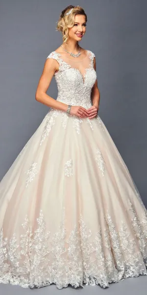 DeKlaire Bridal 474 Long A-Line Cap Sleeve Illusion Boat Neckline Wedding Gown