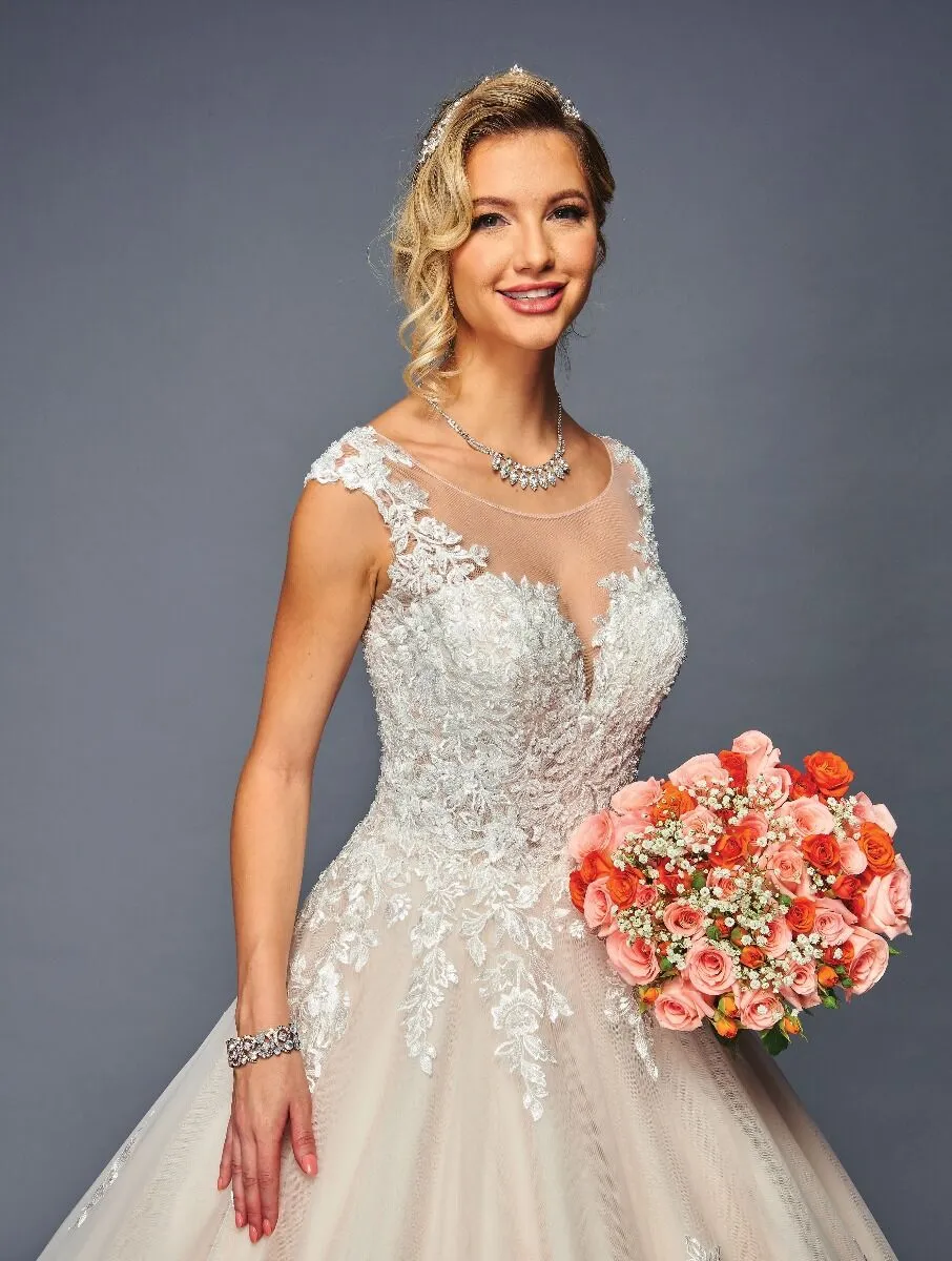 DeKlaire Bridal 474 Long A-Line Cap Sleeve Illusion Boat Neckline Wedding Gown