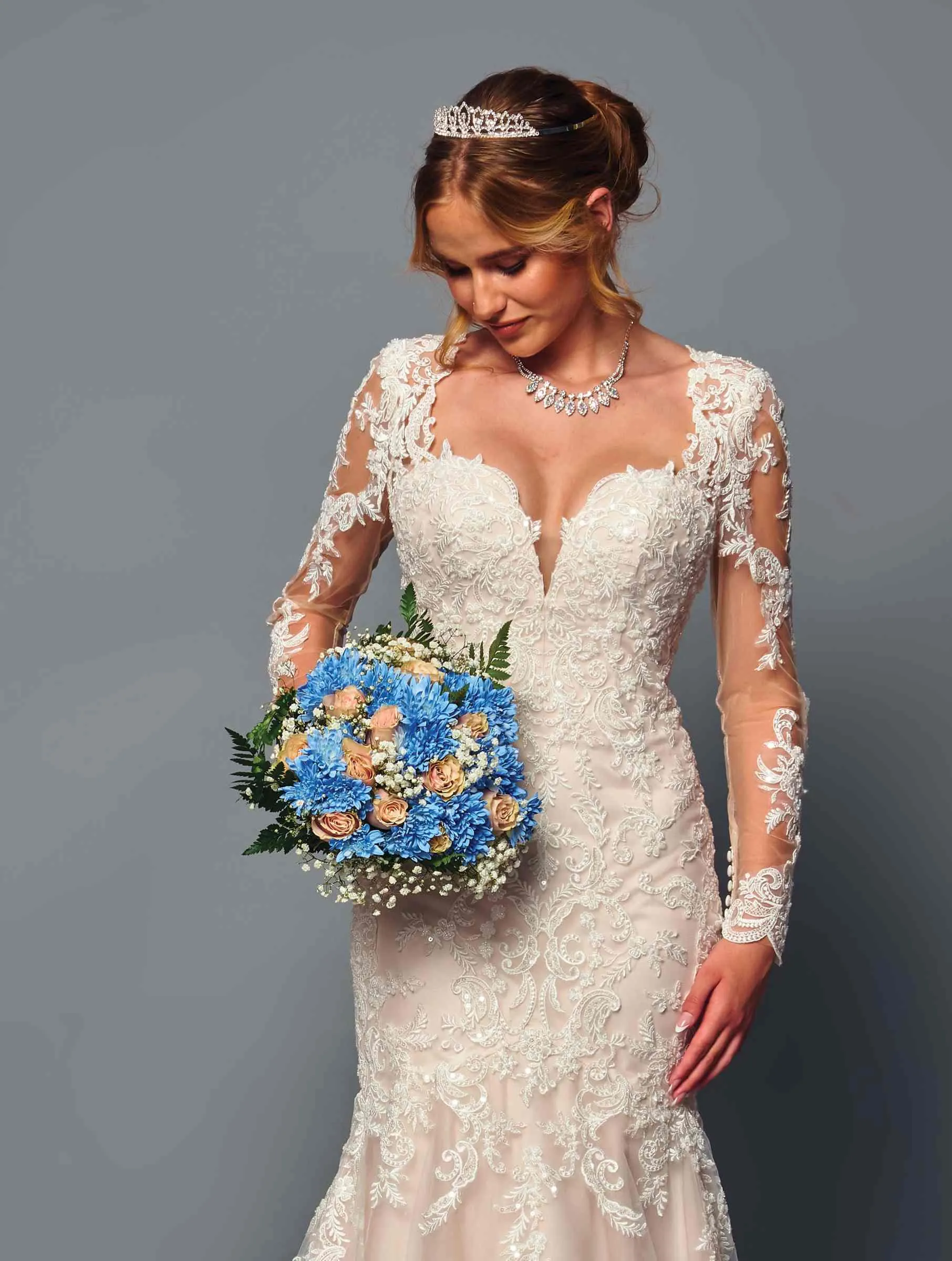 DeKlaire Bridal 491 Wedding Dress Trumpet Queen Anne Neckline