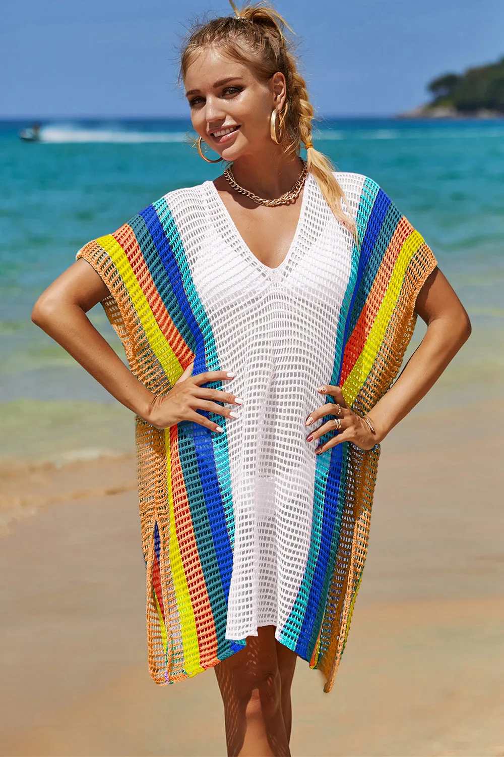 Double Take Openwork Striped Slit Knit Cover Up (5 Colors)
