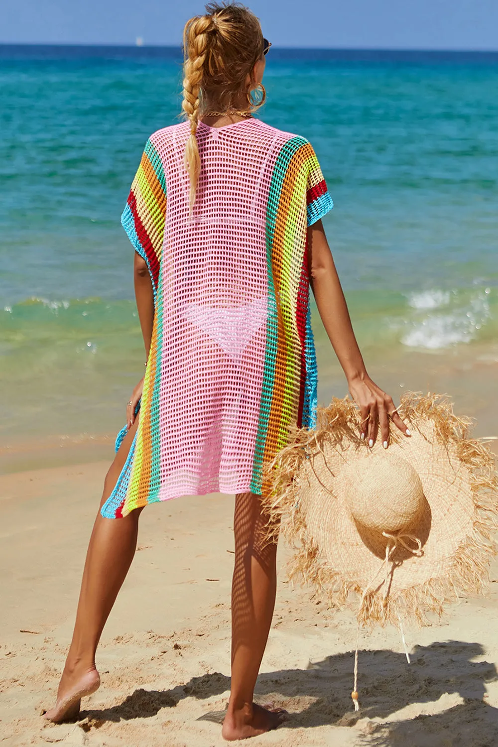 Double Take Openwork Striped Slit Knit Cover Up (5 Colors)