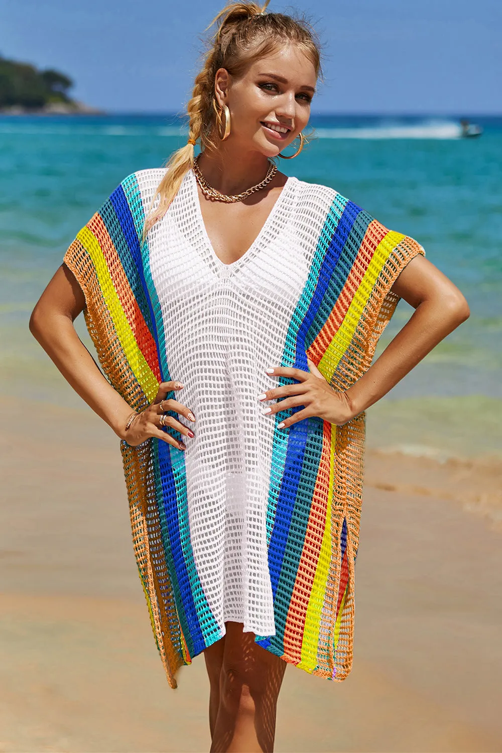 Double Take Openwork Striped Slit Knit Cover Up (5 Colors)