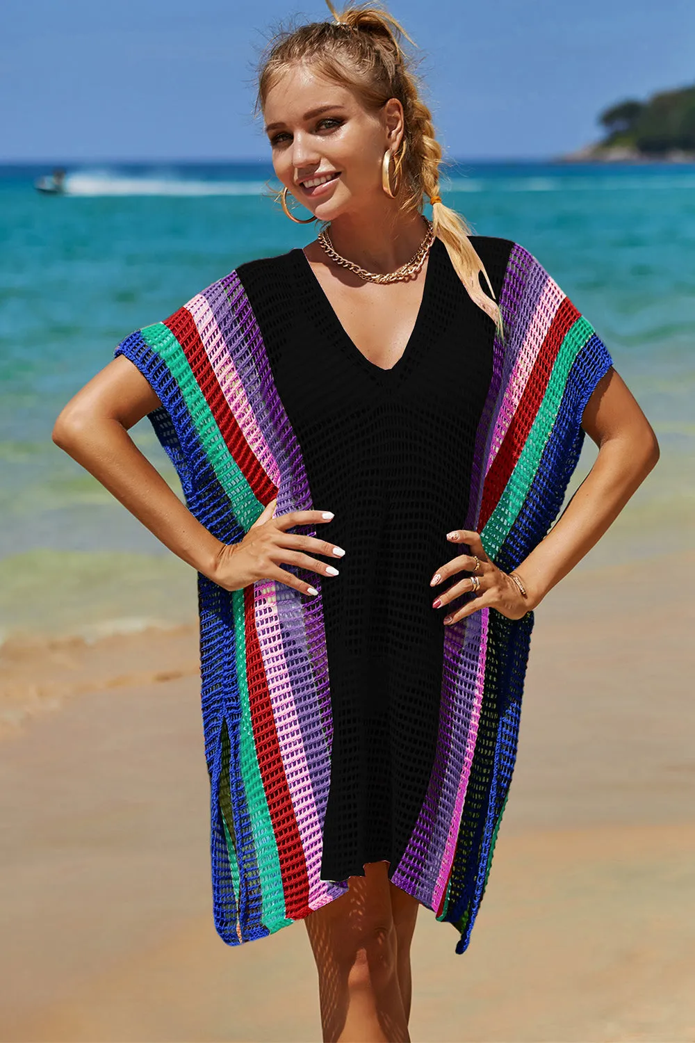 Double Take Openwork Striped Slit Knit Cover Up (5 Colors)