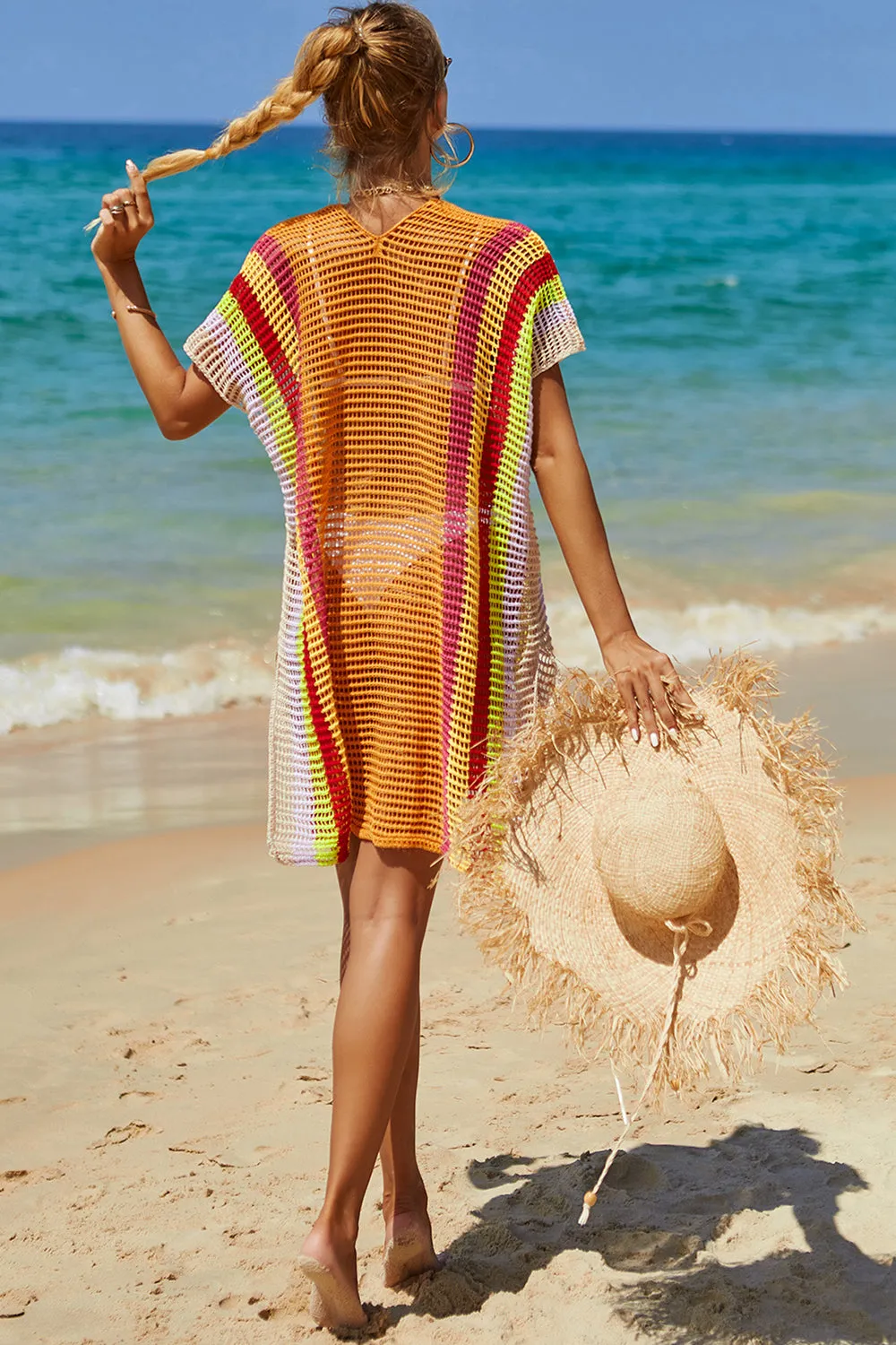 Double Take Openwork Striped Slit Knit Cover Up (5 Colors)