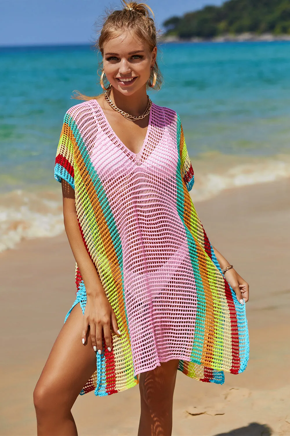 Double Take Openwork Striped Slit Knit Cover Up (5 Colors)