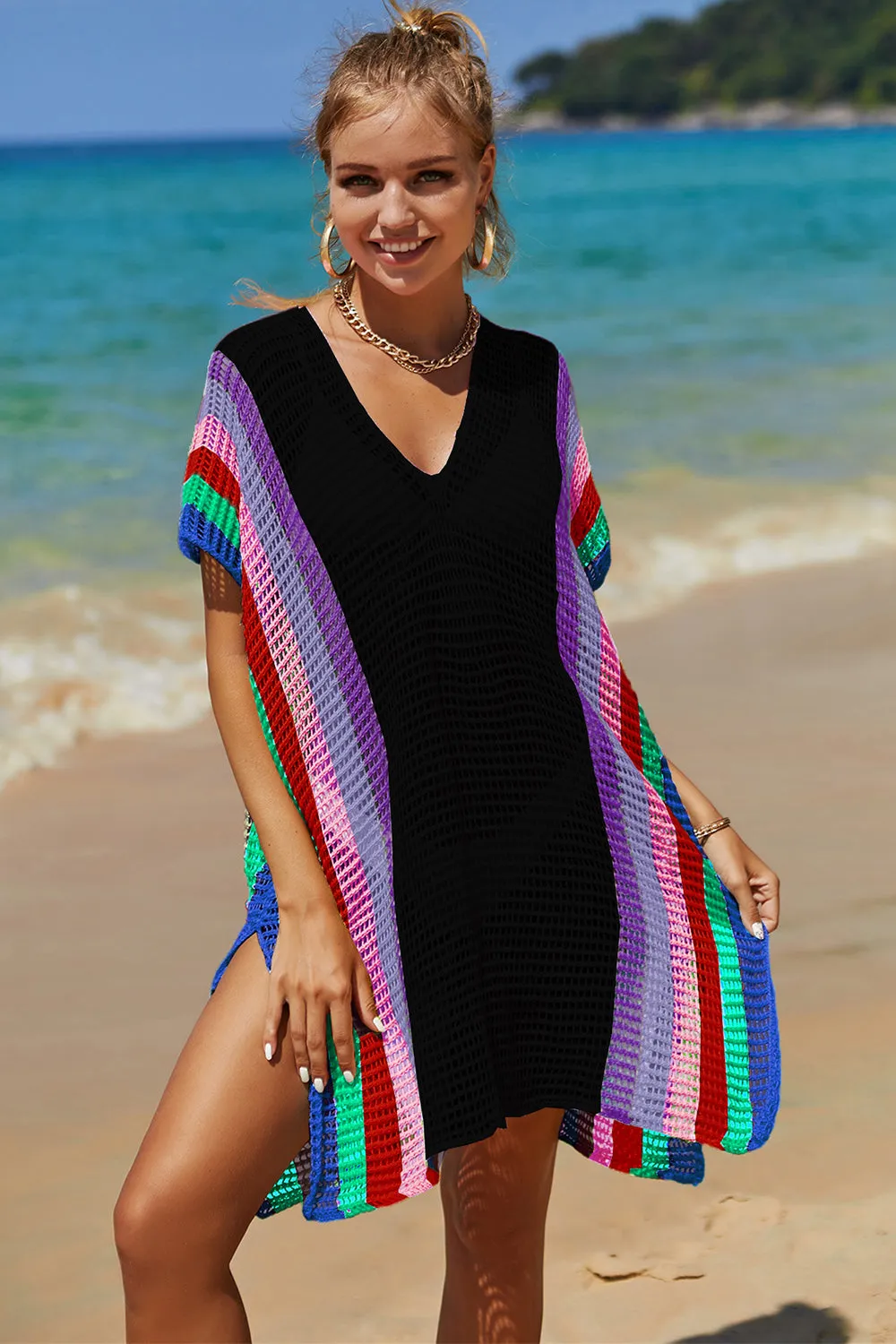 Double Take Openwork Striped Slit Knit Cover Up (5 Colors)