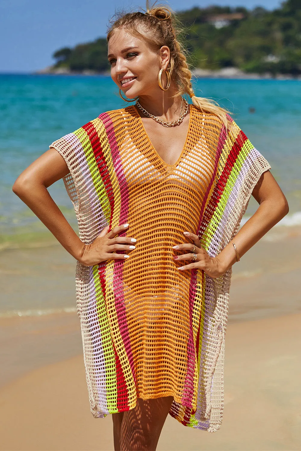 Double Take Openwork Striped Slit Knit Cover Up (5 Colors)
