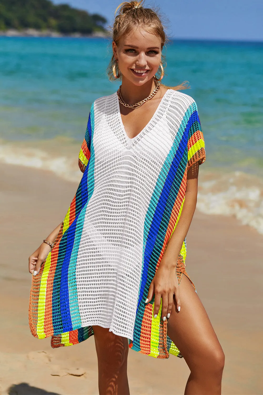 Double Take Openwork Striped Slit Knit Cover Up (5 Colors)