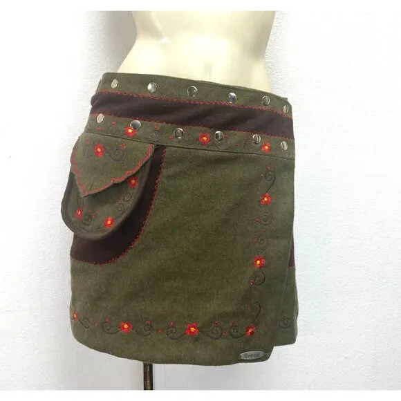 Everest Wool Felt Womans Wrap Skirt One Size Embroidered Nepal Mini Festival
