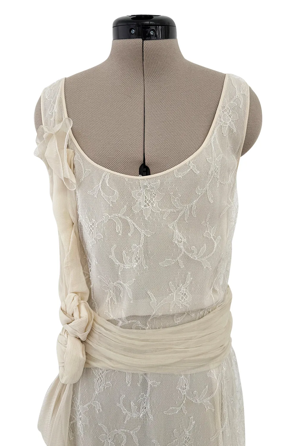 Fall 2007 John Galliano Ivory Silk Chiffon & Lace Dress w Silk Rosettes