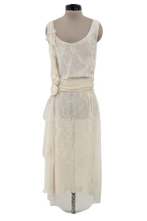 Fall 2007 John Galliano Ivory Silk Chiffon & Lace Dress w Silk Rosettes