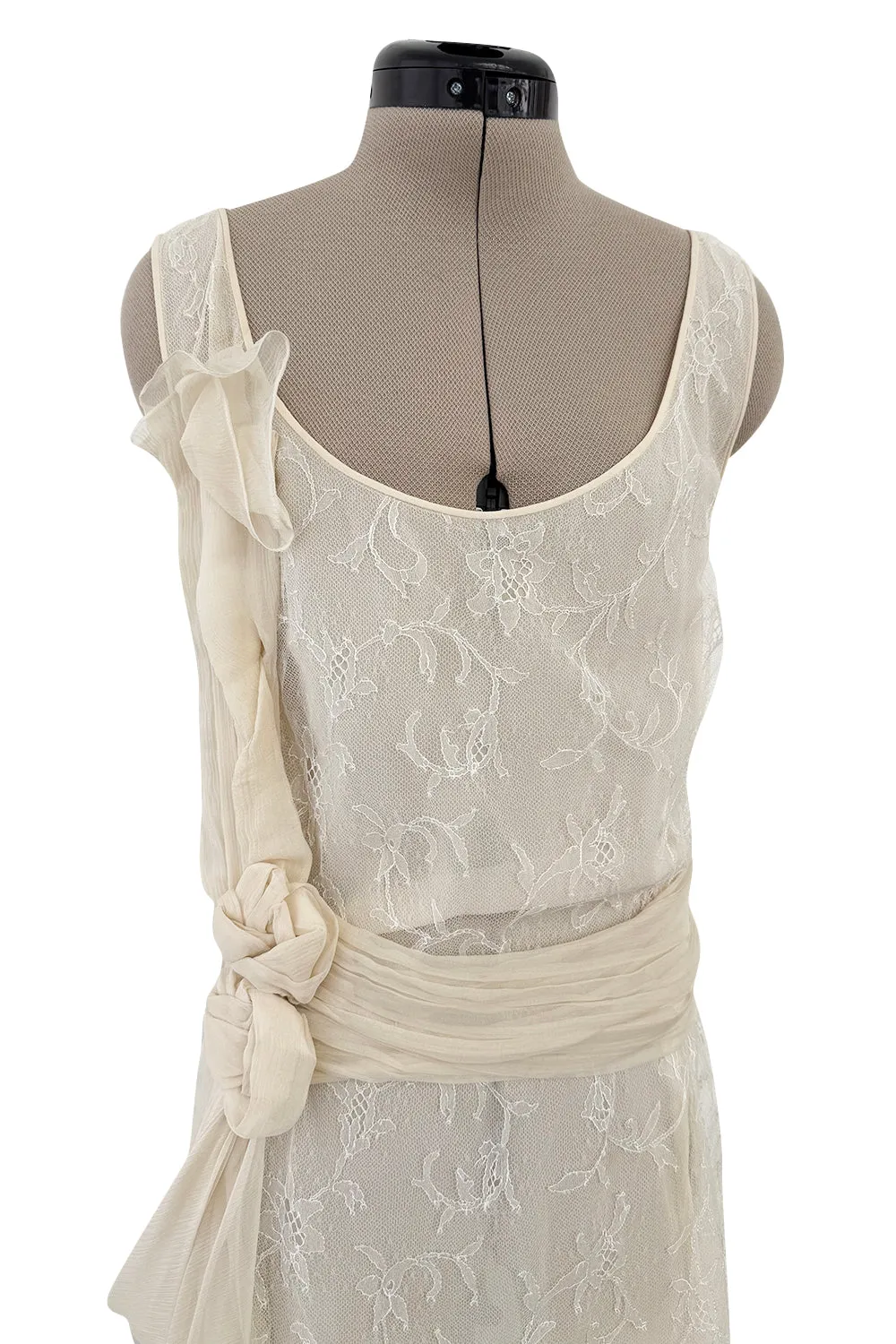 Fall 2007 John Galliano Ivory Silk Chiffon & Lace Dress w Silk Rosettes