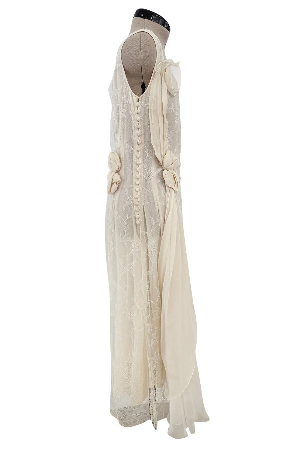 Fall 2007 John Galliano Ivory Silk Chiffon & Lace Dress w Silk Rosettes