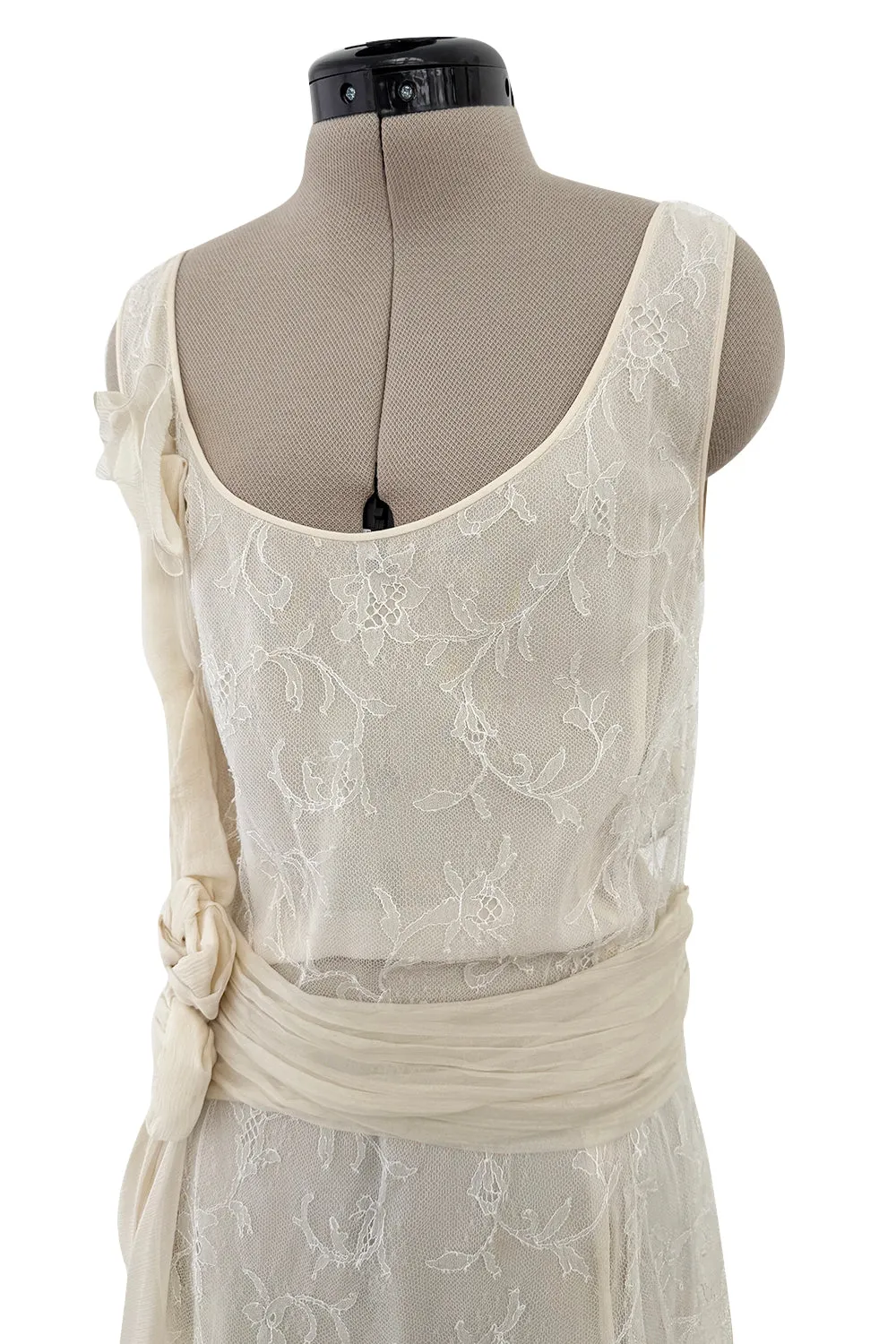 Fall 2007 John Galliano Ivory Silk Chiffon & Lace Dress w Silk Rosettes