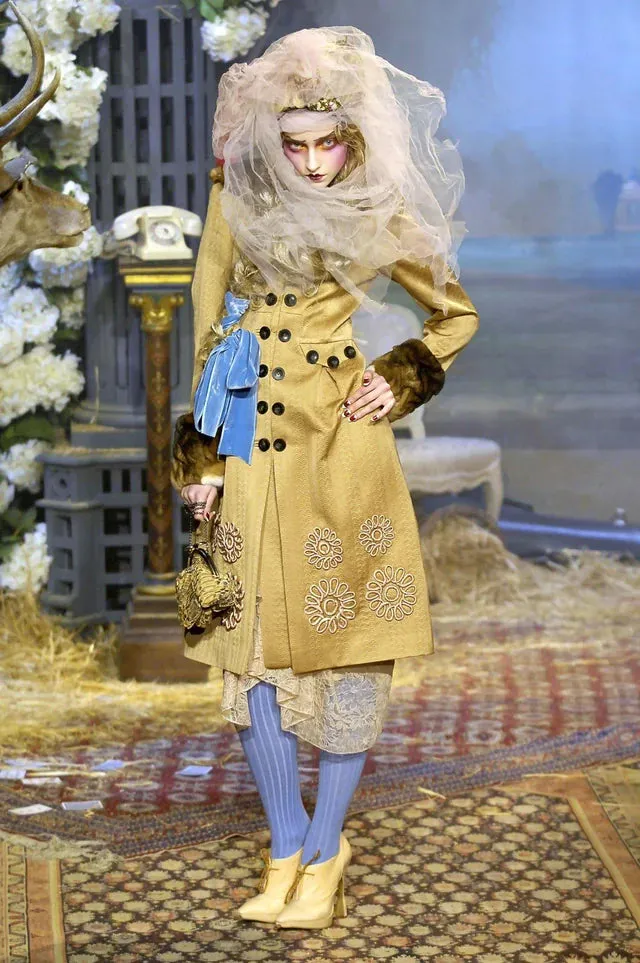Fall 2007 John Galliano Ivory Silk Chiffon & Lace Dress w Silk Rosettes