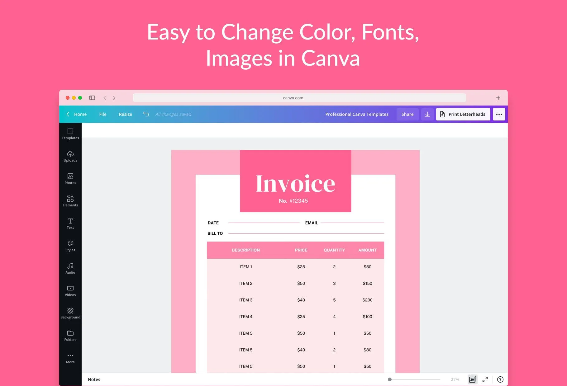 Flamingo Pink Invoice Canva Template Printable and Editable