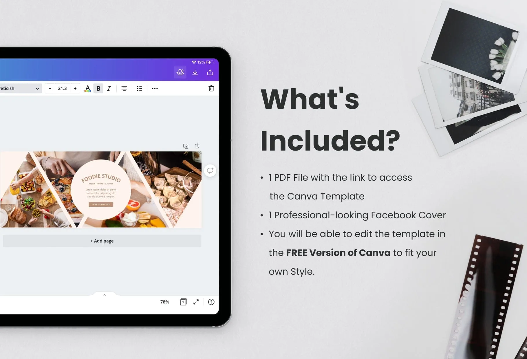 Foodie Studio Facebook Cover for Photographers Editable Canva Template
