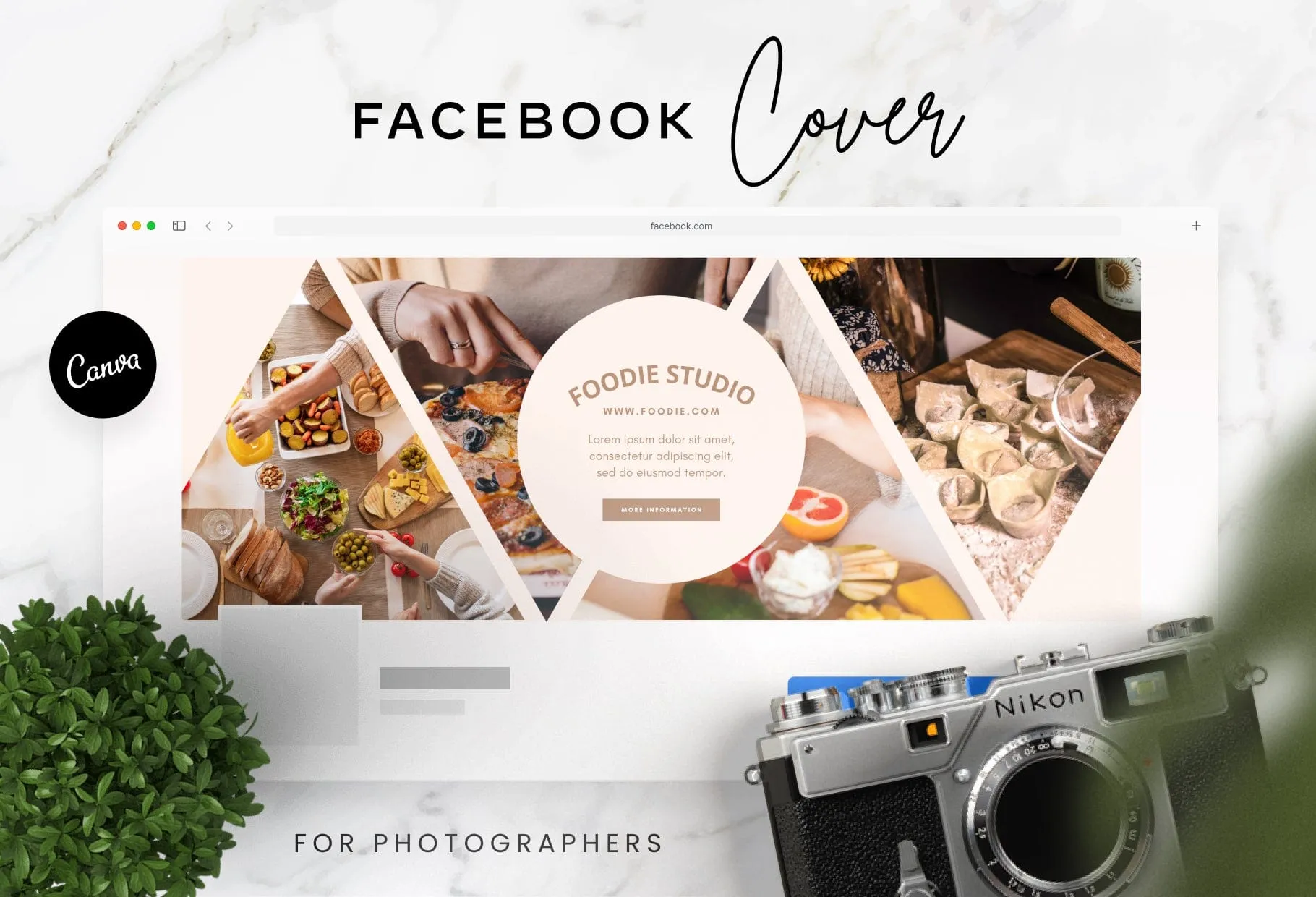 Foodie Studio Facebook Cover for Photographers Editable Canva Template