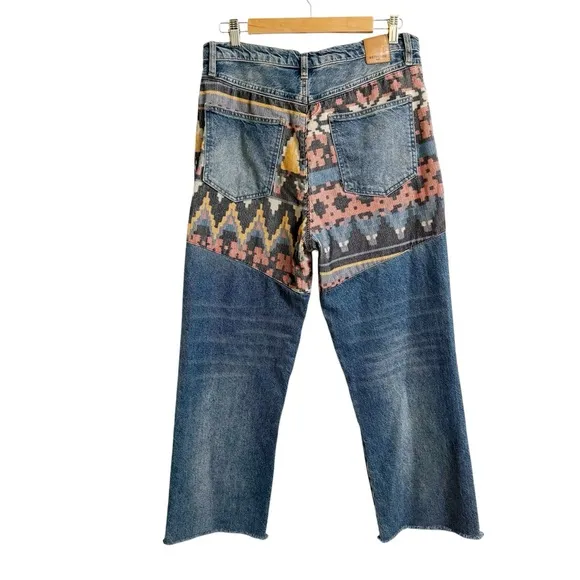 Free People Rocky Mountain Straight Leg Alpine Blue  &amp; Patch Frayed Hem Jeans 30