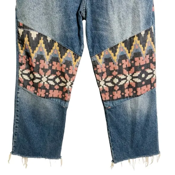 Free People Rocky Mountain Straight Leg Alpine Blue  &amp; Patch Frayed Hem Jeans 30